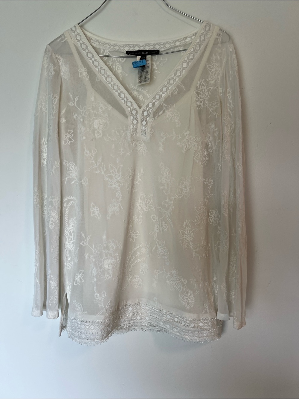 White House Black Market White Sheer Embroidered V-Neck Blouse - Picture 1 of 6